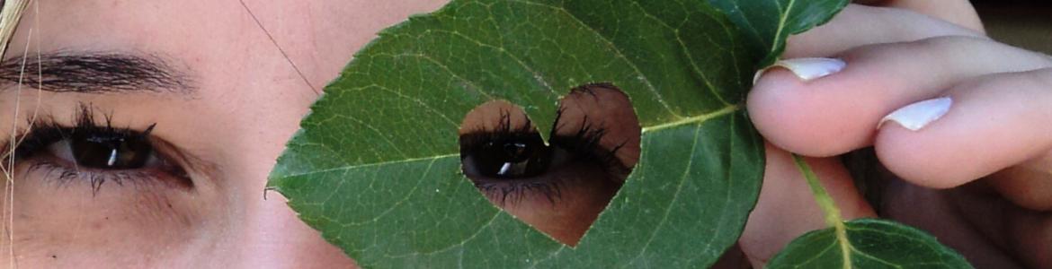 Augen mit Blatt, aus dem ein Herz ausgeschnitten ist